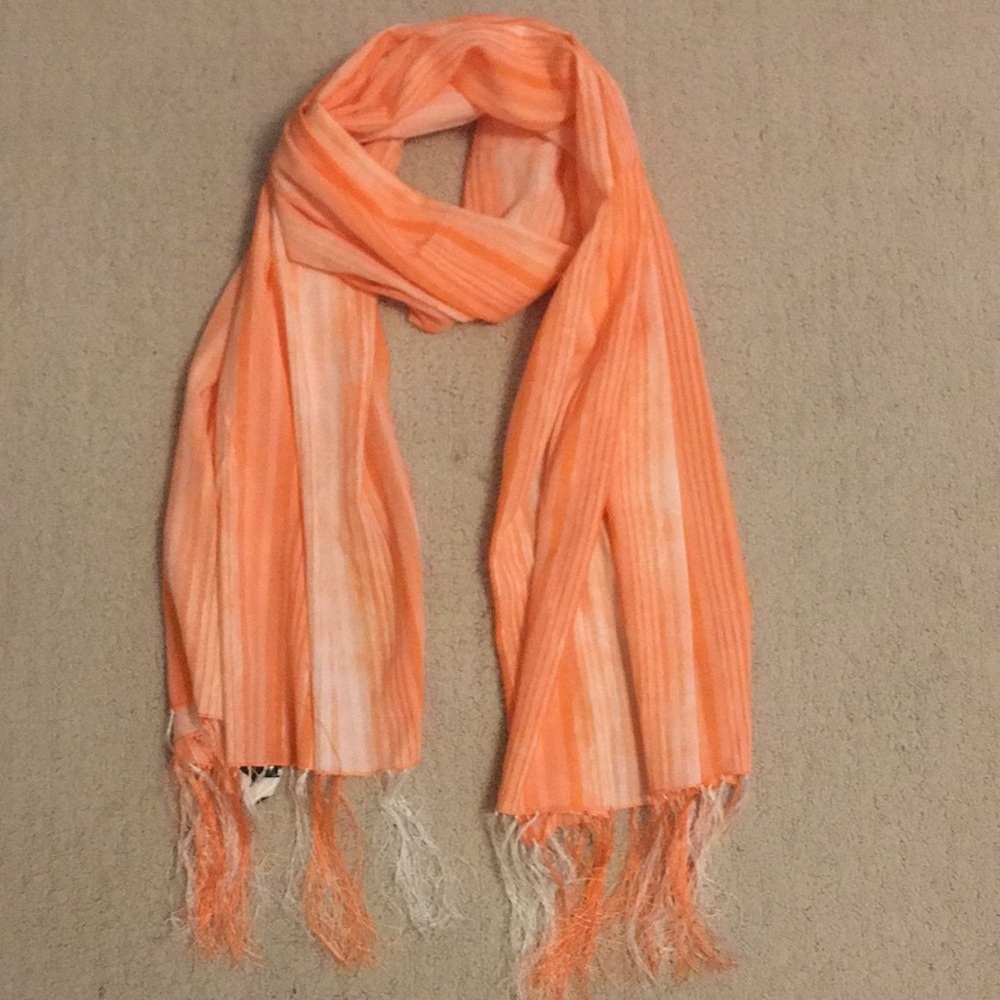 OZSOY Creation Large Shawl Wrap Orange White Fringe Scarf Resort NWT